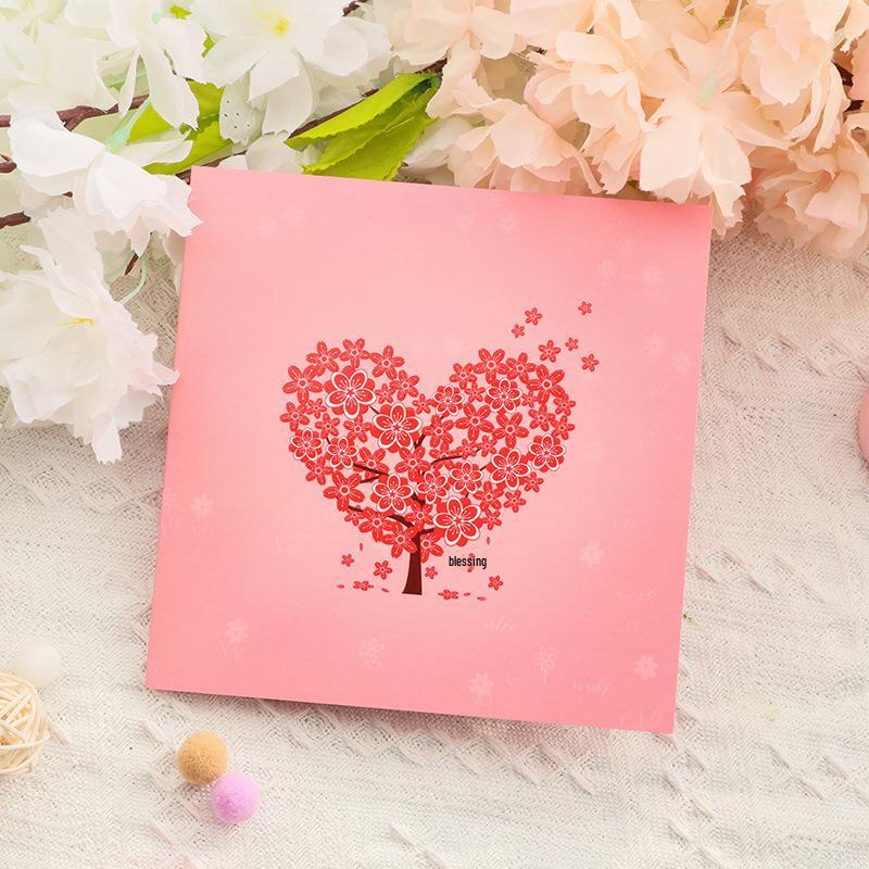 3D Valentine's Day Cherry Blossom Heart Greeting Card - Christmas Blessing & Thank You Message