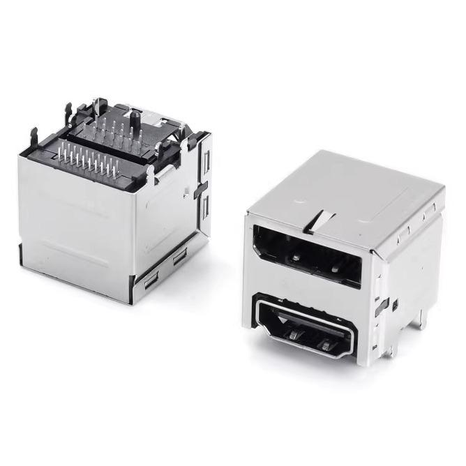 USB 2.0 AF + HDMI Female 90° Two-in-One Socket, Double Layer, 20.6mm DIP with Pins