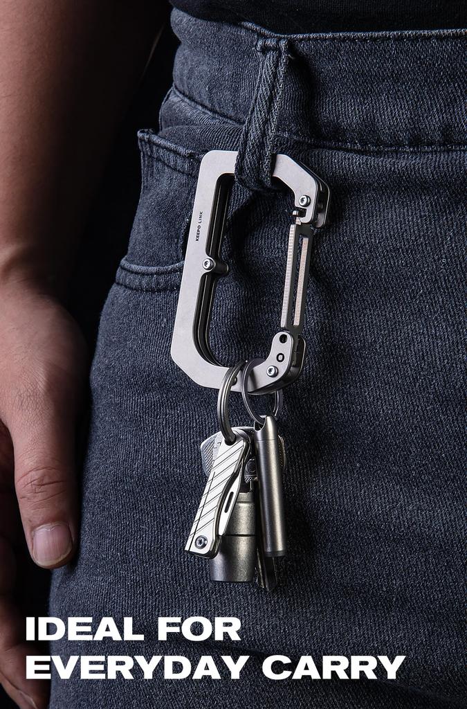 KEEPO LINK 3-w-1 Tytanowy Karabińczyk EDC Brelok Klips z Funkcją Pomiaru i Składanym Haczykiem na Torbę 180° (Użytkowanie na zewnątrz) OLL01 (czarny)