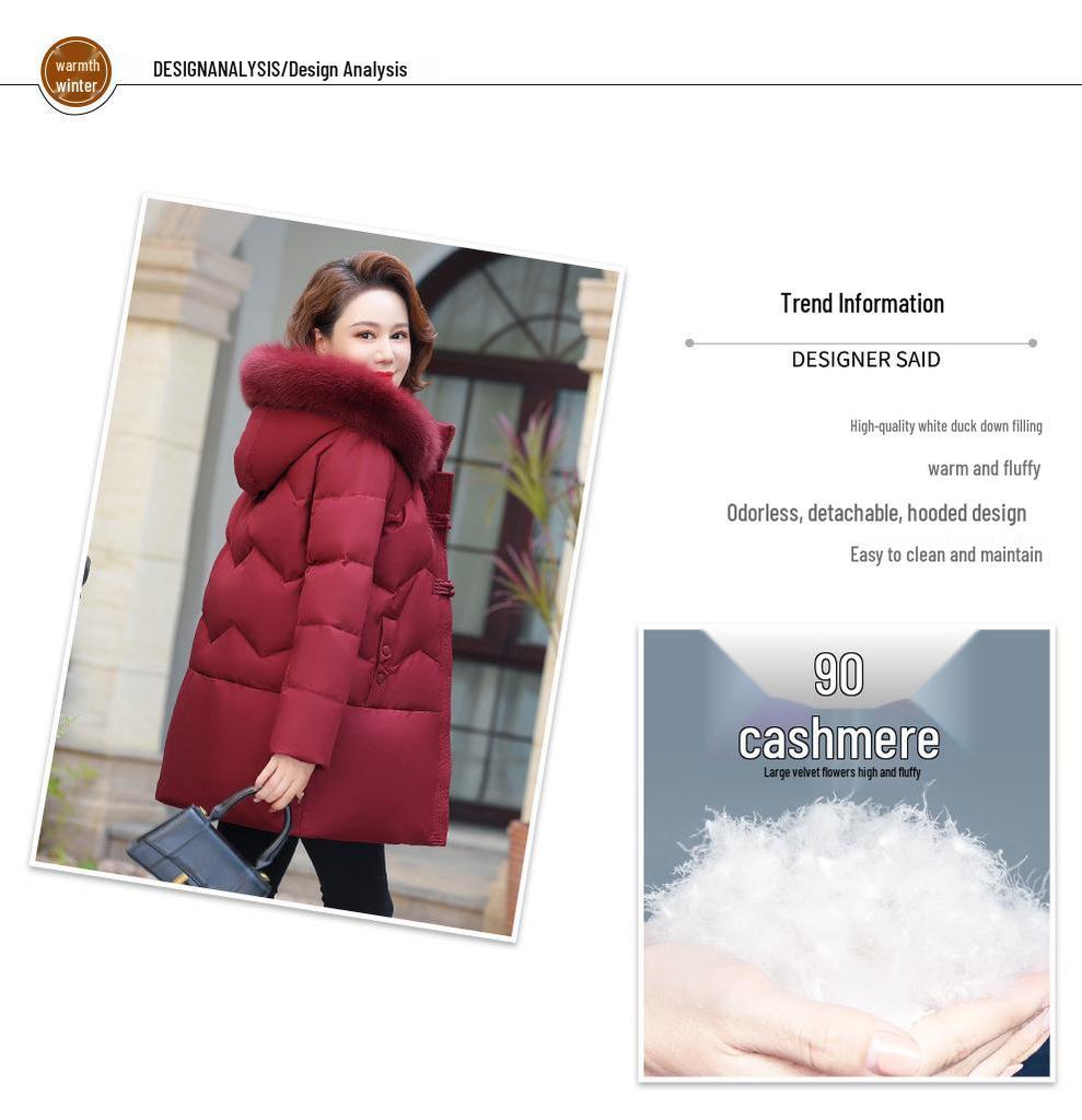 Stylish Fur Collar Hooded Mid-Length Duck Down Jacket for Middle-Aged and Elderly Women - Winter Plus Size Outerwear.