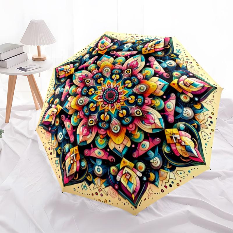 1pc Psychedelic Mandala Artwork Automatic Open/Close Umbrella - Portable Collapsible Umbrella with 8-Rib Stability, Fashion Lovers Yy251017165
