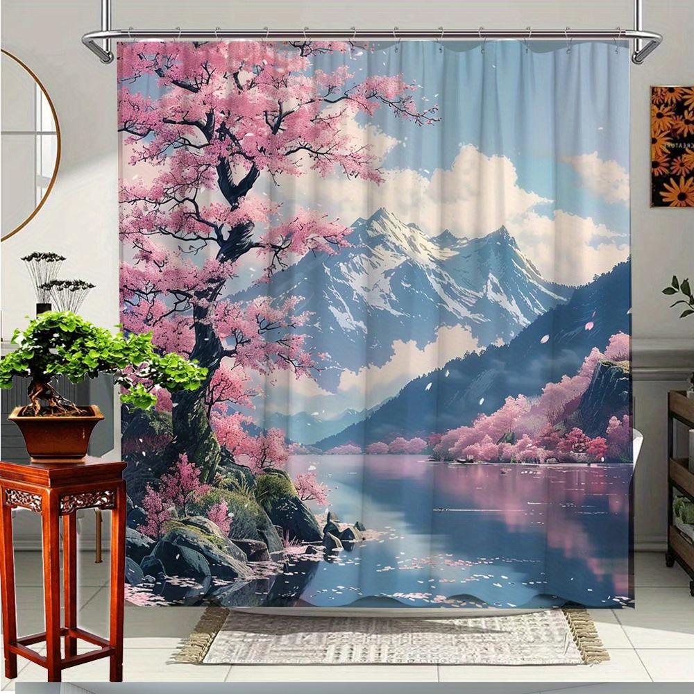 1Pc Scenic Cherry Blossom Shower Curtain - Artistic Nature Design With Pink Cherry Blossoms, Mountain Lake Reflection & Clouds, W60H190(CM)-1 Pcs