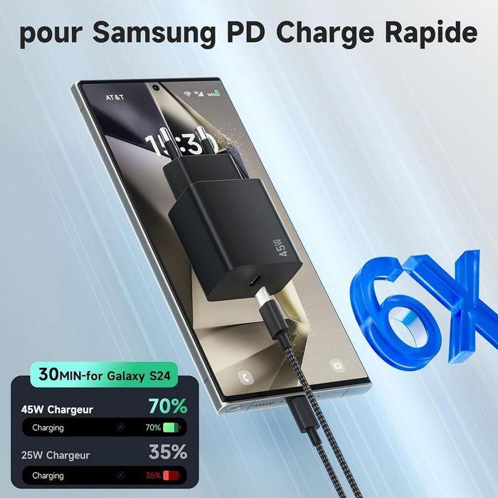 Chargeur Rapide USB-C 45W - Samsung - Galaxy S25/S25+/S25 Ultra - Noir - Protection Surtension - Charge Efficace