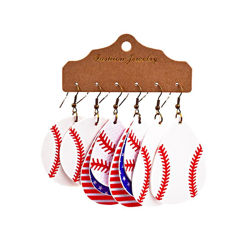 World Cup sports ball drop-shaped leather earrings, basketball, football, rugby, baseball earrings, multi-layered earrings, three pairs in one pack