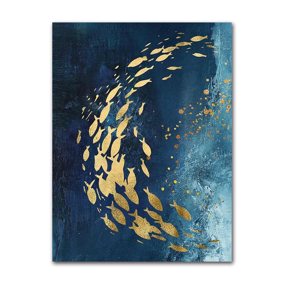 Painting Big Blue Poster Print Luxurious Wall Art For Living Room Aisle Gold Tableaux Picture Abstract Gold Fish Chinese Canvas
