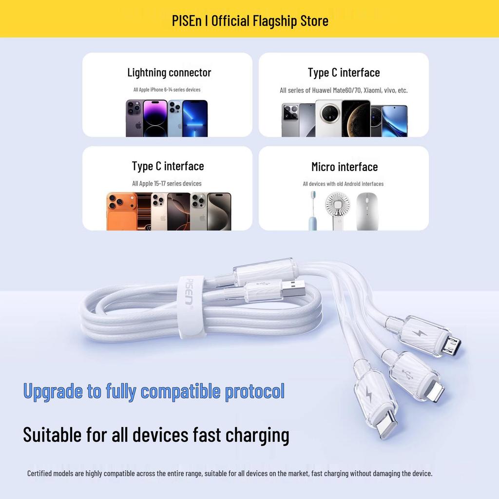 PISEN 100W 3-in-1 Fast Charging Cable, 6A for Apple and Huawei Devices