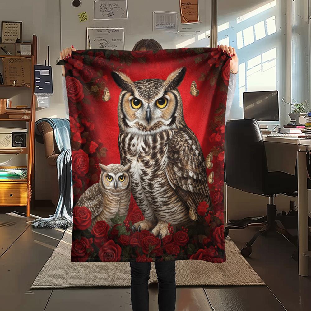 1PC Red Rose Owl Print Flannel Blanket, High Quality All Seasons, Home Decor, Warmth and Comfort, Perfect for Christmas Gifts