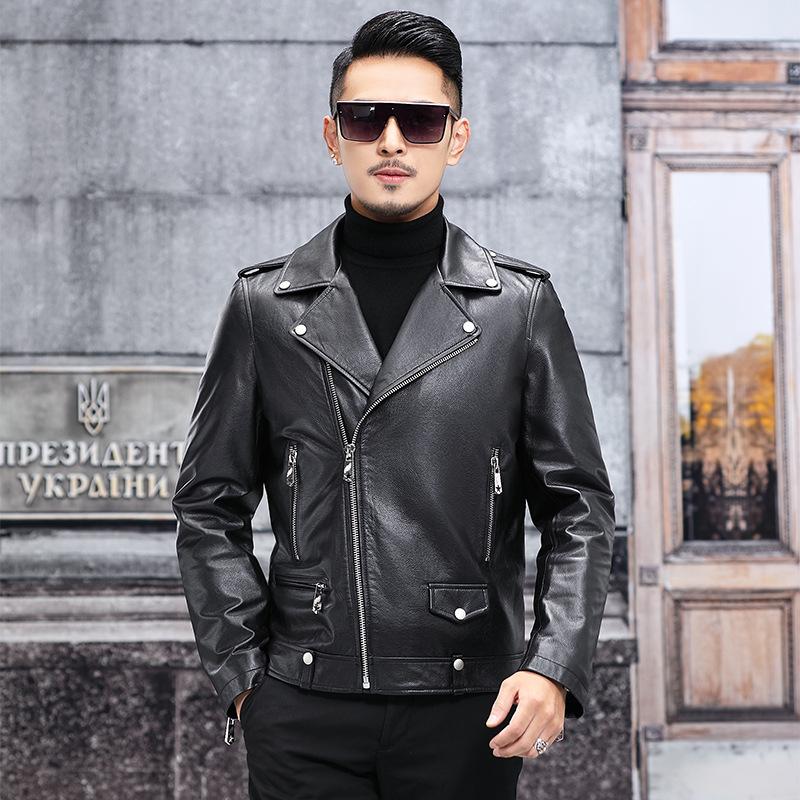 

Кожаная куртка Куртка из коровьей кожи первого слоя Модная мужская куртка-локомотив с мехом XXXXL чёрный