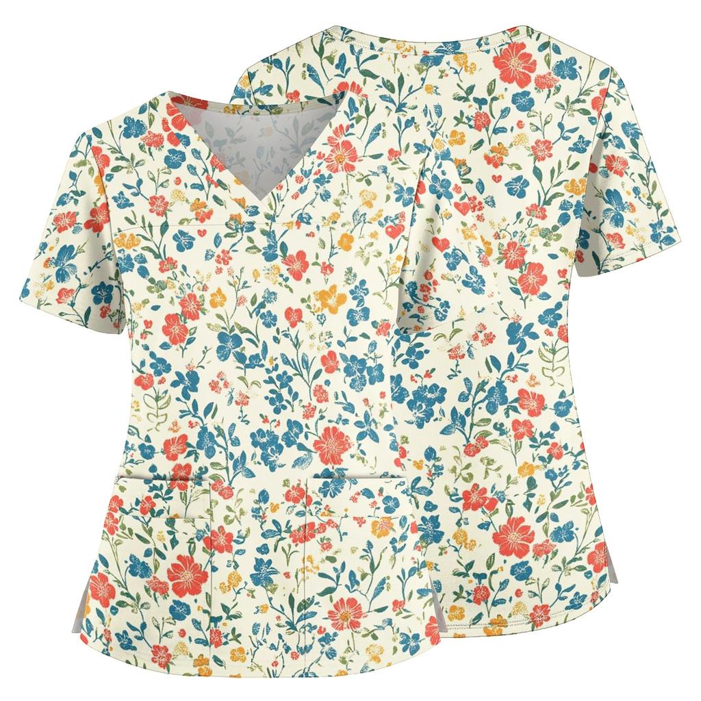 Top Medico a V con Stampa Floreale, Tasche, Spacchi Laterali, Manica Corta, Uniforme da Infermiera per Donna