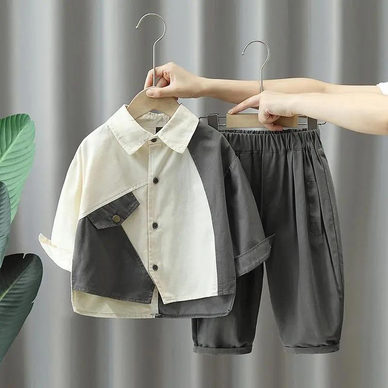 Boys' Spring and Autumn Suits, Fashionable and Handsome, Loose Children's Long-sleeved Shirt Two-piece Suit