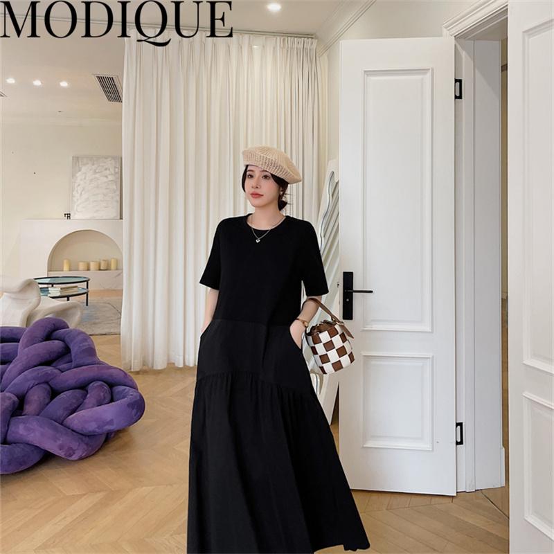 MODIQUE Summer Plus Size New Dress Shirt Women Loose Patchwork Cotton Linen Basics Folds A-Line Dress Solid Casual Female Dresses O-Neck