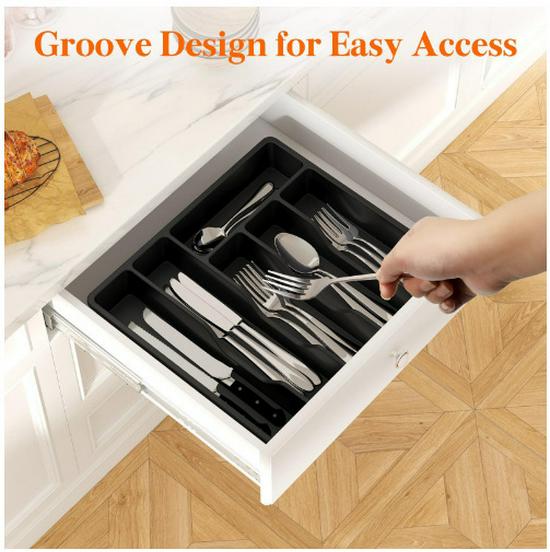 PP Lid Drawer-Type Cutlery Organizer with Six-Grids: Large Capacity Storage for Kitchen Knives, Forks, and Spoons