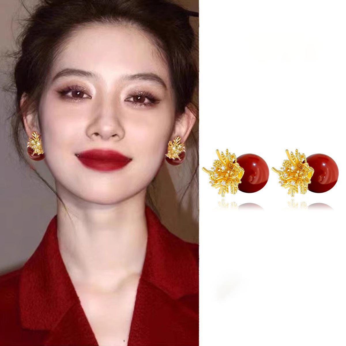 Silver Needle Pearl Diamond Firework Earrings: Elegant Retro Studs for Women