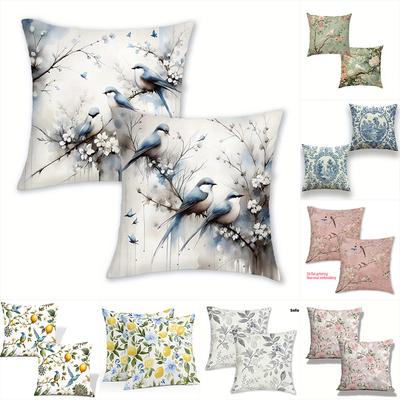 2D Flat-2pcs Assorted Vintage Floral & Bird Print Throw Pillow Covers Sofa Chair Cushion Cover