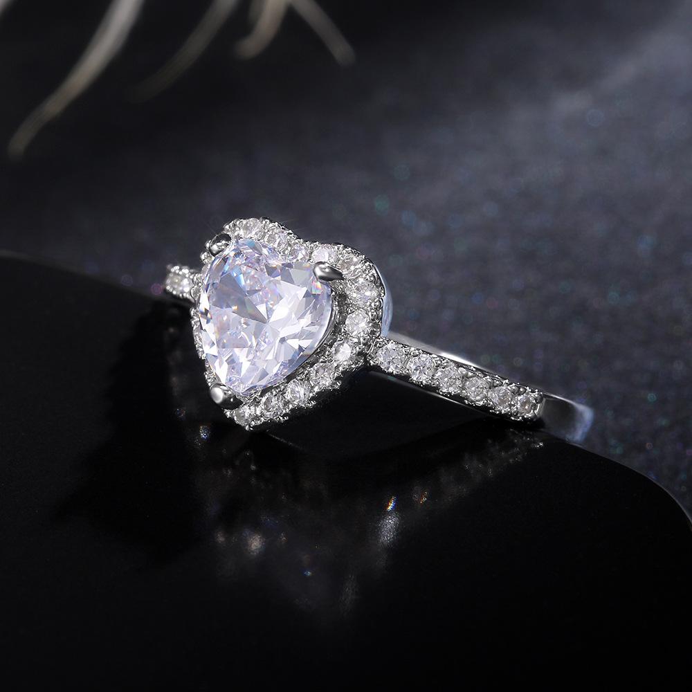 Peach Heart Ring Ladies, Love Shaped Zircon Diamond Set Copper Silver Plated Fashion Jewelry