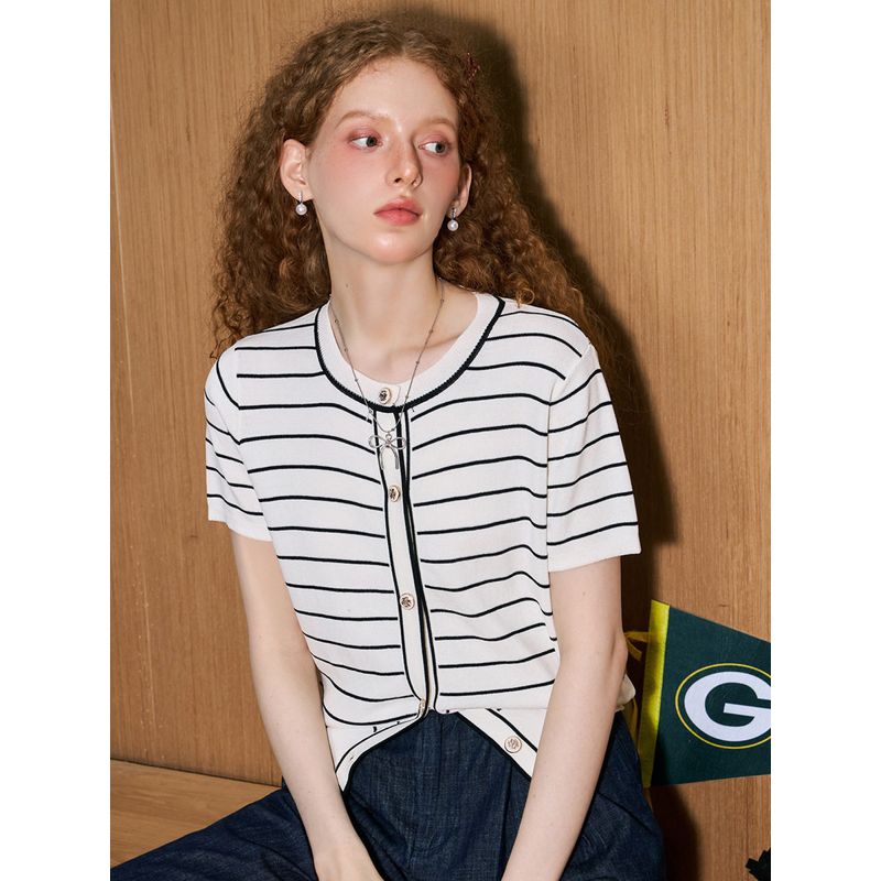 Coolhut Round Neck Casual Striped Knitted Short Top 2025 Summer Women's Knitted Sweater Casual Top Short Sleeve