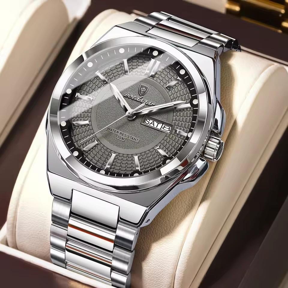 POEDAGAR 896 Stainless Steel Strap Fashion Gold Dial Diver Watch Men Waterproof Date Quartz Clock Sport Luminous Watches Relogio