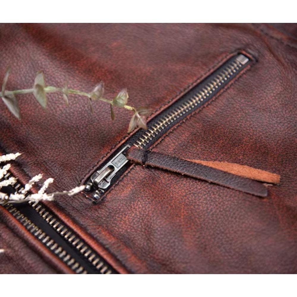 Chinese Size Vitnage Red Brown Men Leather Jacket Cowhide Leather Motorcycle Style Genuine Cow Jackets for Men Autumn