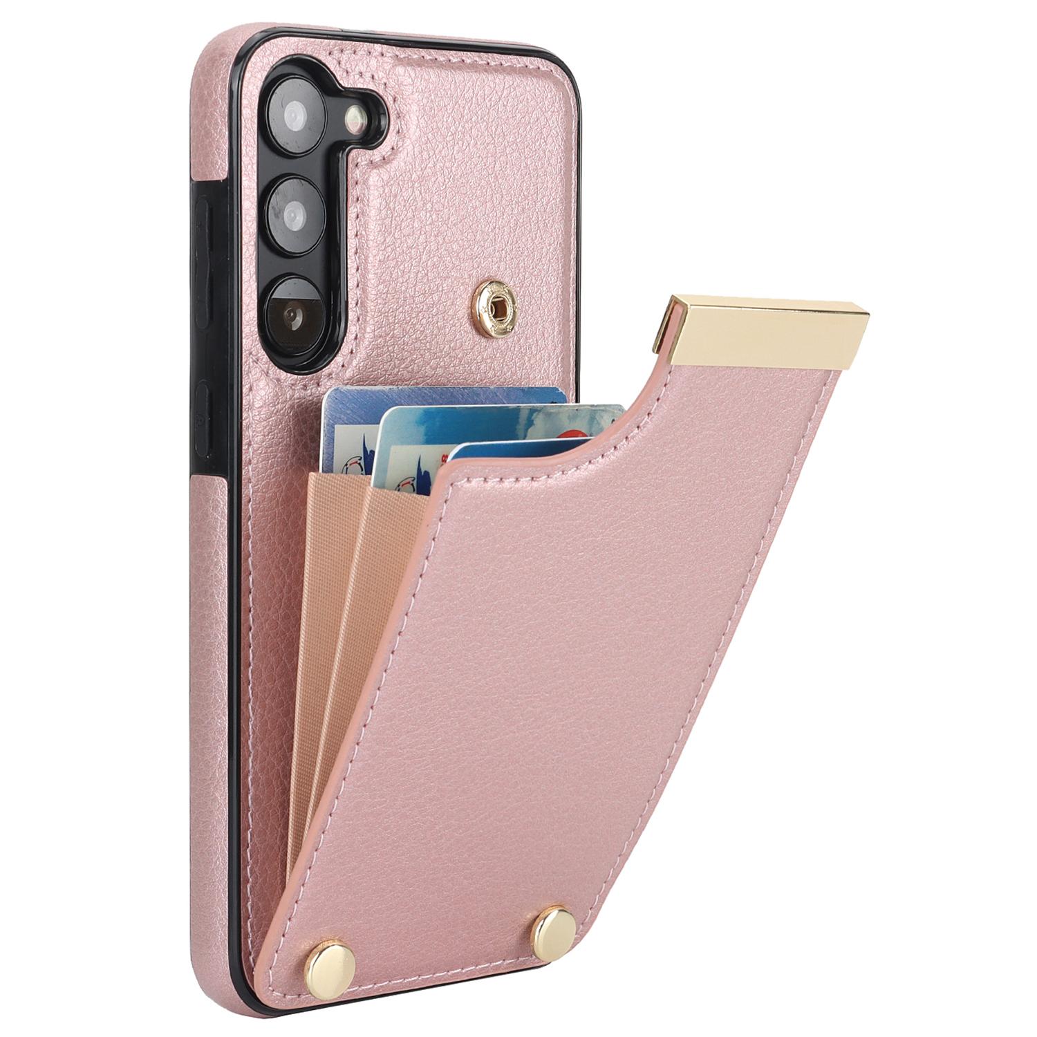 

For Samsung Galaxy S23+ Cell Phone Case TPU+PU Leather Card Holder Cover with Hardware Decor Rose Gold