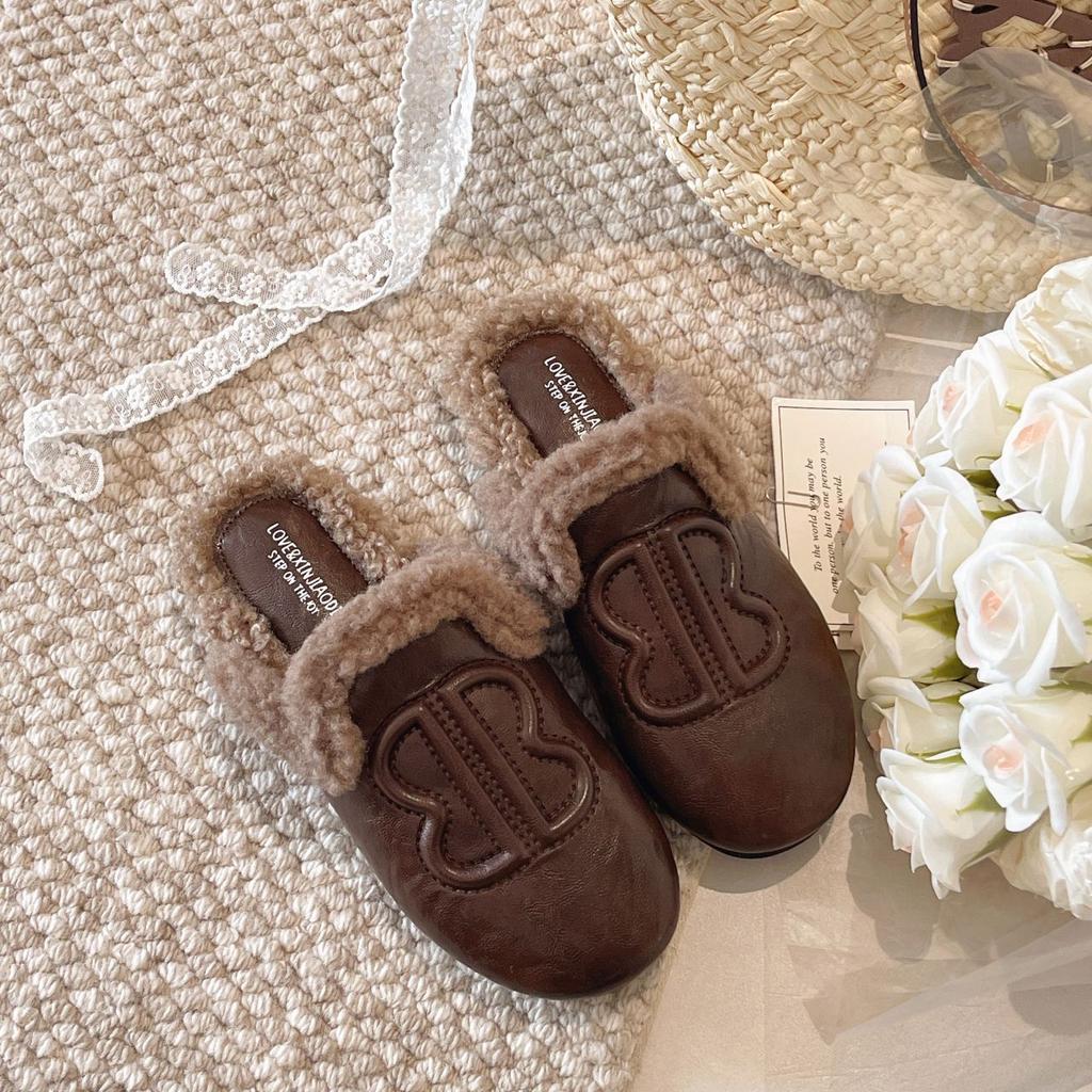 Baotou Half Slippers Women Wear New Models In Autumn and Winter, Piled One-pedal Fluffy Cotton Shoes Slippers Women's Shoes Leather Bag Head Drag