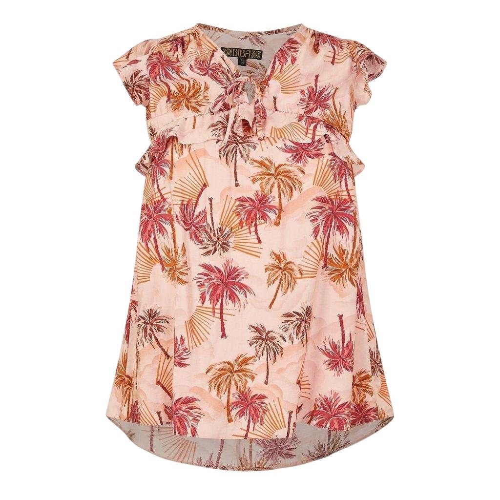Biba Girls Palm Tree Tie Neck Relaxed Fit Ruffle Blouse