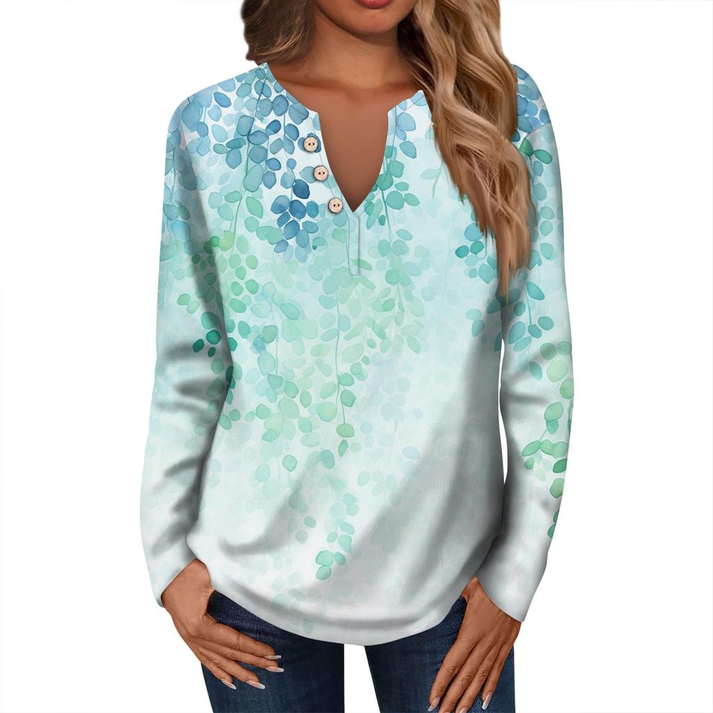 Women's Fashion Casual V-Neck Long Sleeve Loose  Printed T-Shirt Ladies Top With Decorative Buttons
