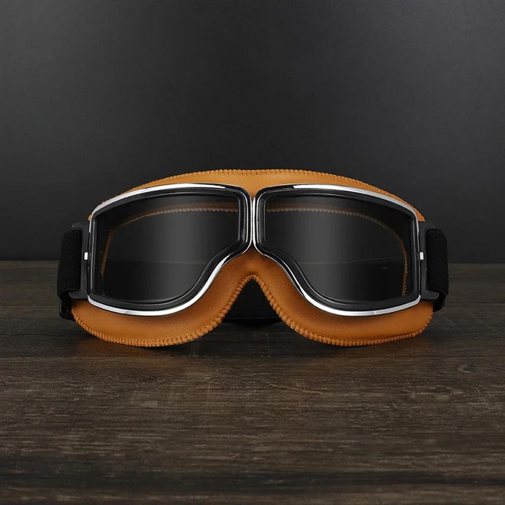 Vintage Pilot Motorcycle Goggles UV400 Windproof Scratch Resistant PC Lens with Leather Trim for Open Face Helmet