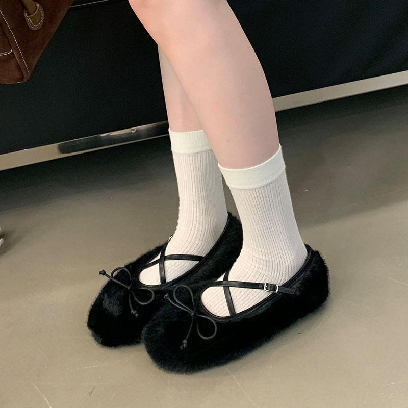 Mode Damen Schnallenriemen Damen Ballerinas Warme Schuhe Mode Flache Schuhe Schmetterlingsknoten Mary Janes Damen Ballerinas mit Fellschuhen