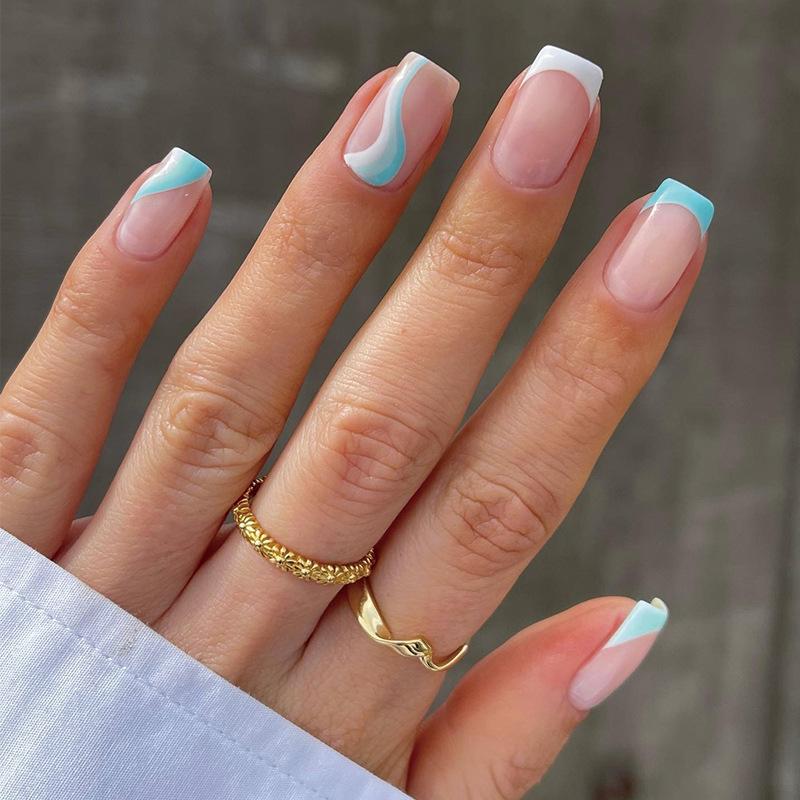 

Nail art piece Wear nail, French white and blue color matching line wavy nail art piece Removable nail piece