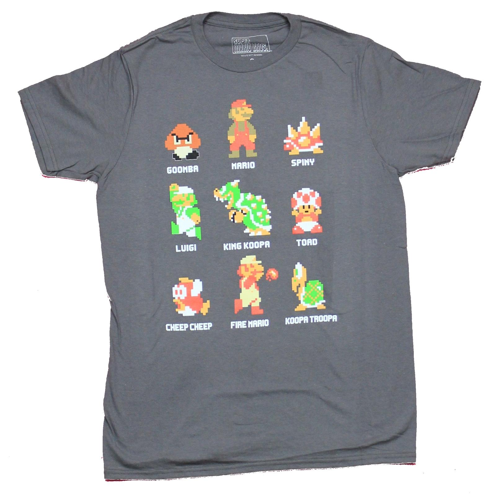Super Mario Brothers Mens T-shirt 9 Classic 8Bit Characters Lineup L