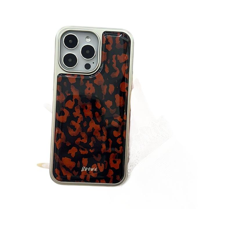 Applicable To Apple 16PM Brown Leopard Pattern Anti Fall Mobile Phone Case Iphone15pro Silver Edge Glue Drop Protective Case