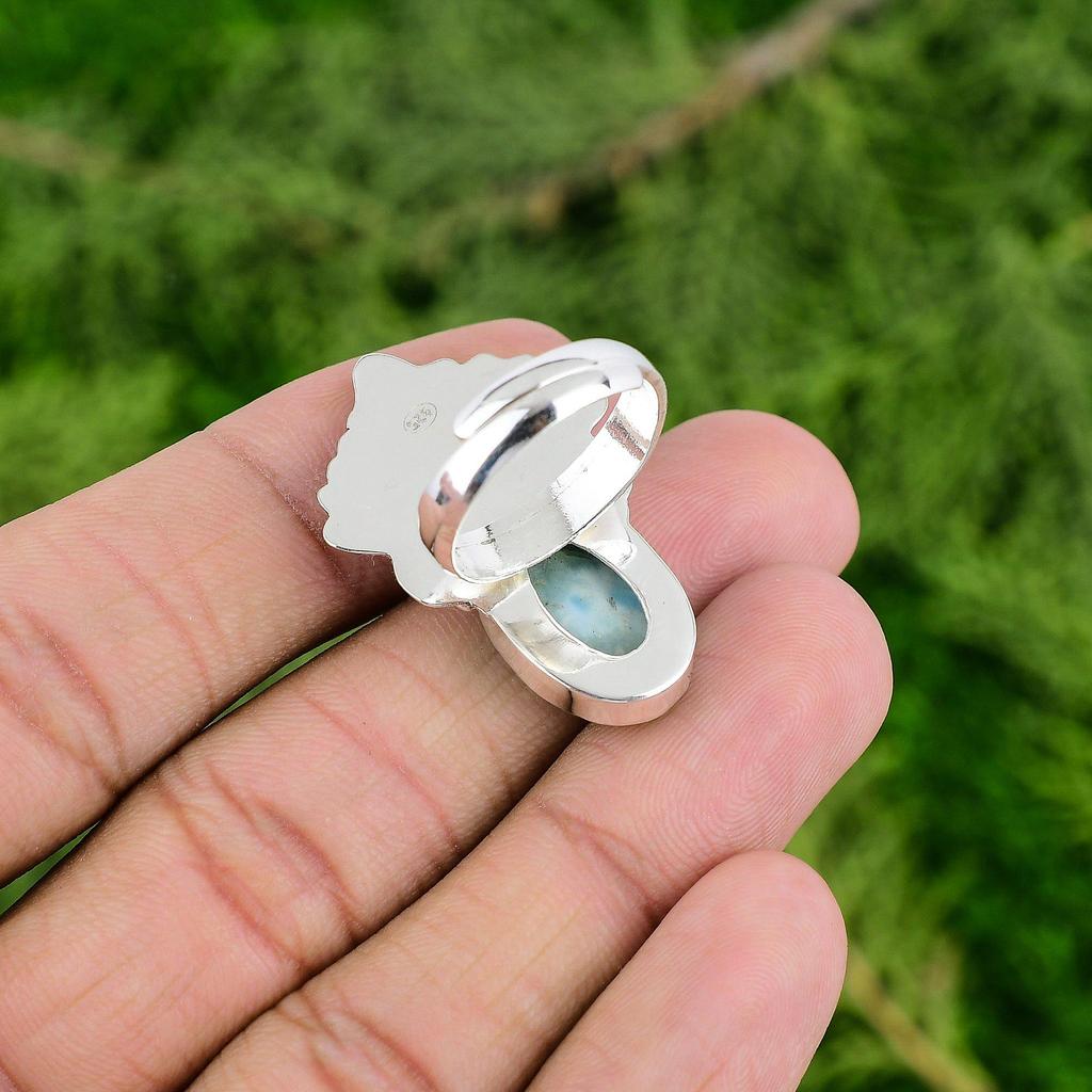 Mothers day Sale Natural Larimar Wife Solitaire Ethnic Ring Jewelry 925 Silver