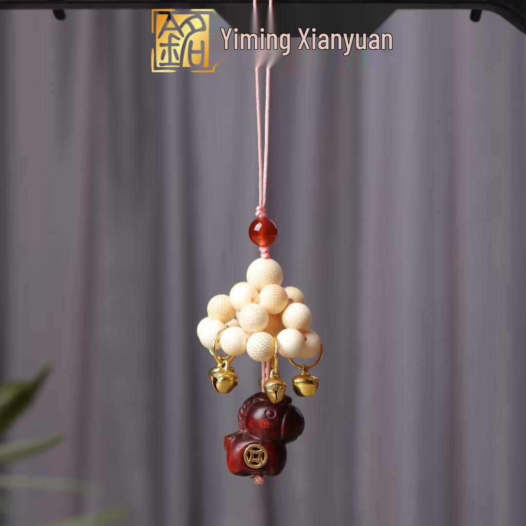 Sandalwood Carved Deer Wind Chime Pendant with Maple Leaf Pony for Car Rearview Mirror