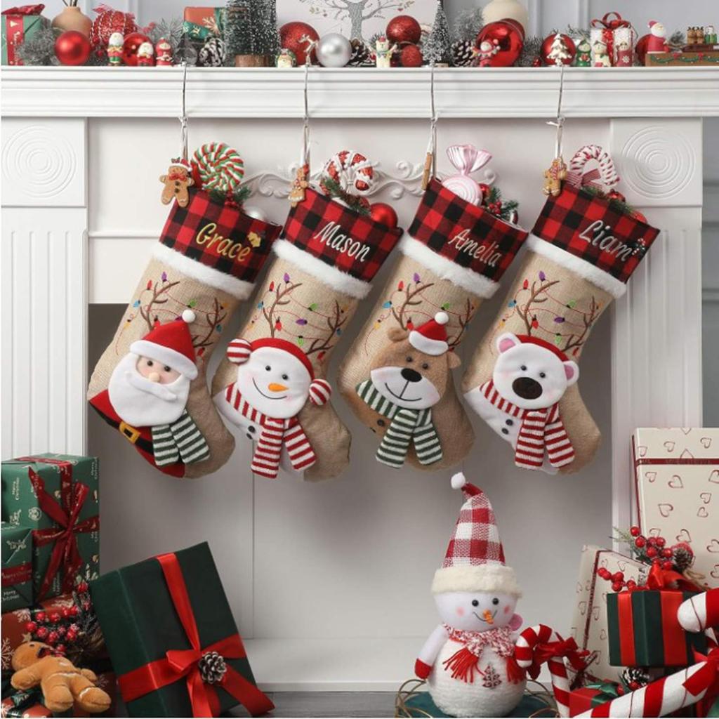 Custom Stocking With Embroidered Name & Festive Pattern, 3D Design Warm Brown Xmas Stocking Family Kids