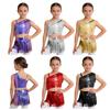 Completo da Danza Jazz per Ragazze Spalla Asimmetrica Frange Metalliche Crop Top Pantaloncini a Vita Elastica Set