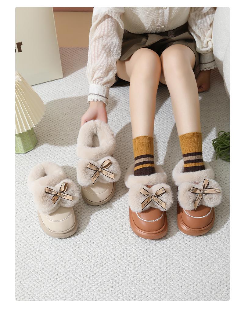 Wasserdichte Leder-Schleifen-Hausschuhe für Damen - Niedlich, flauschig, Baumwoll-Hausschuhe mit dicker Sohle