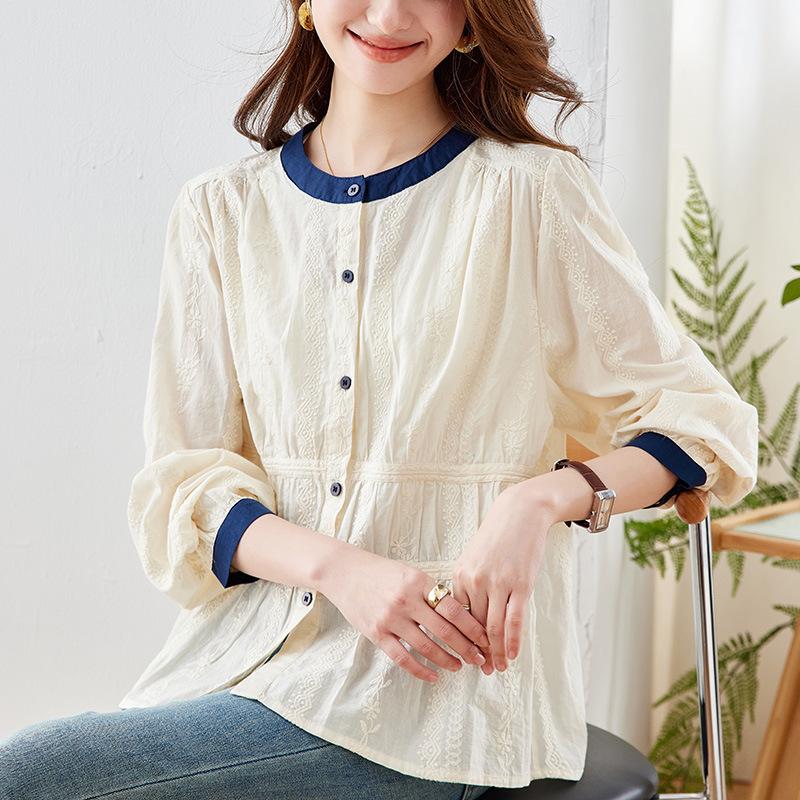 Crew Neck Shirt Women's Long Sleeves Spring and Summer New Apricot Embroidered Top Lotus Leaf Pendulum Women's Shirt