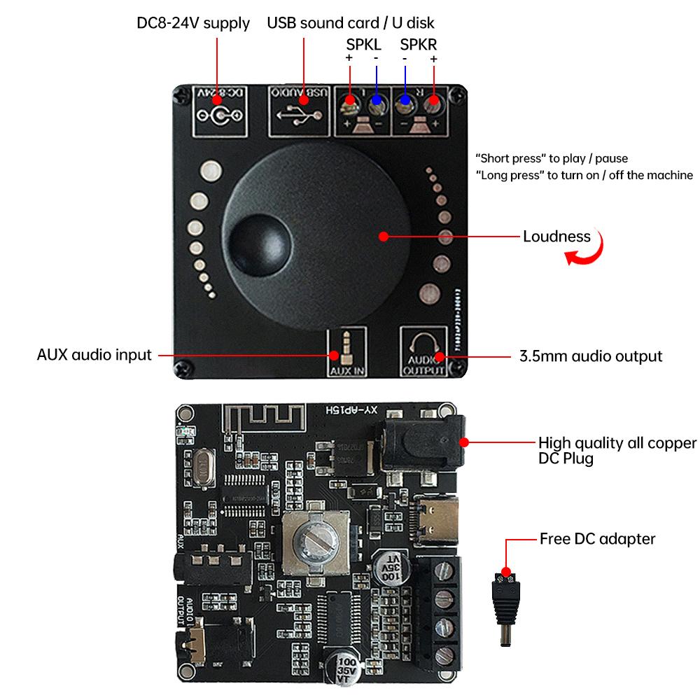 HIFI 20W*2 XY-AP15H  Stereo Bluetooth-compatible Digital Amplifier Board AUX USB-C Input 12V/24V Home Theater