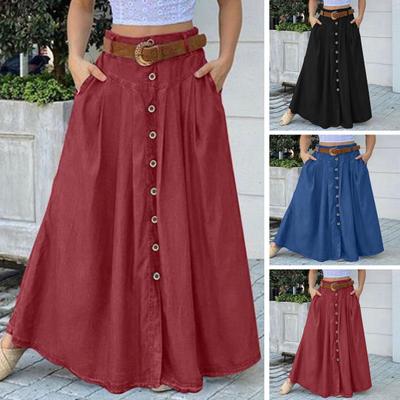 Women Skirt Solid Color High Waist All Match Button Decor A-line Summer Maxi