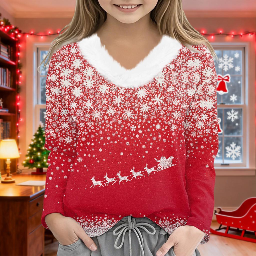 Christmas Day Girls Long Sleeve T Shirts Kids Girls' V-Neck Tee Christmas Print Long Sleeve Top