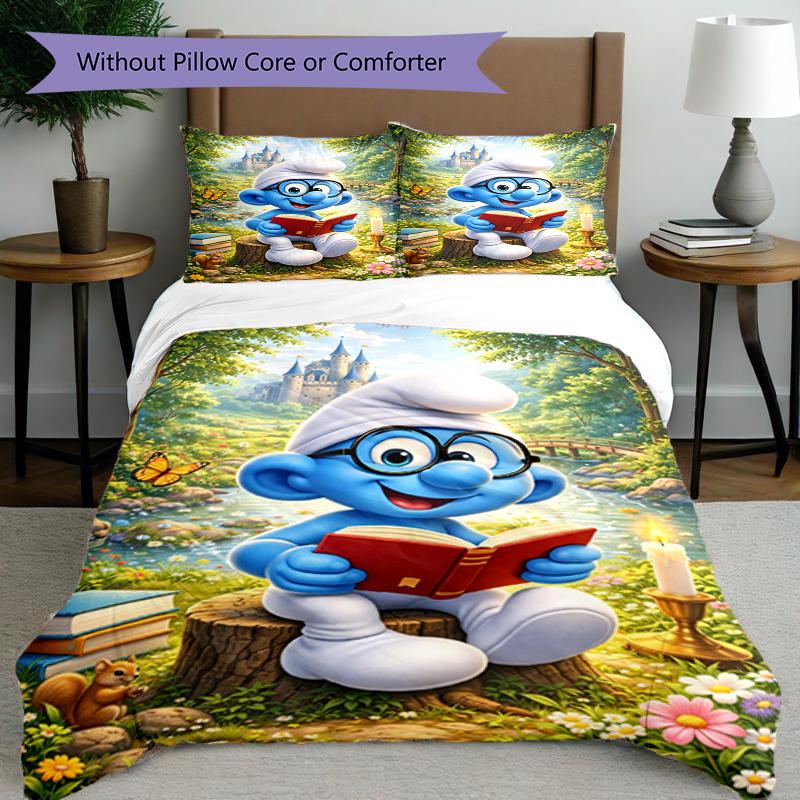 3pcs Duvet Cover Set (1*Duvet Cover + 2*Pillowcase, Without Core), Blue Smurfs Print Bedding Set, Bedroom Decor, All‑Season, Birthday Gift