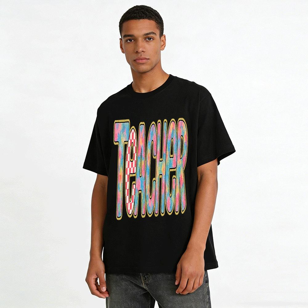 Retro Tie Dye Checkerboard TEACHER Print Casual Short Sleeve Top Pure cotton T-shirt