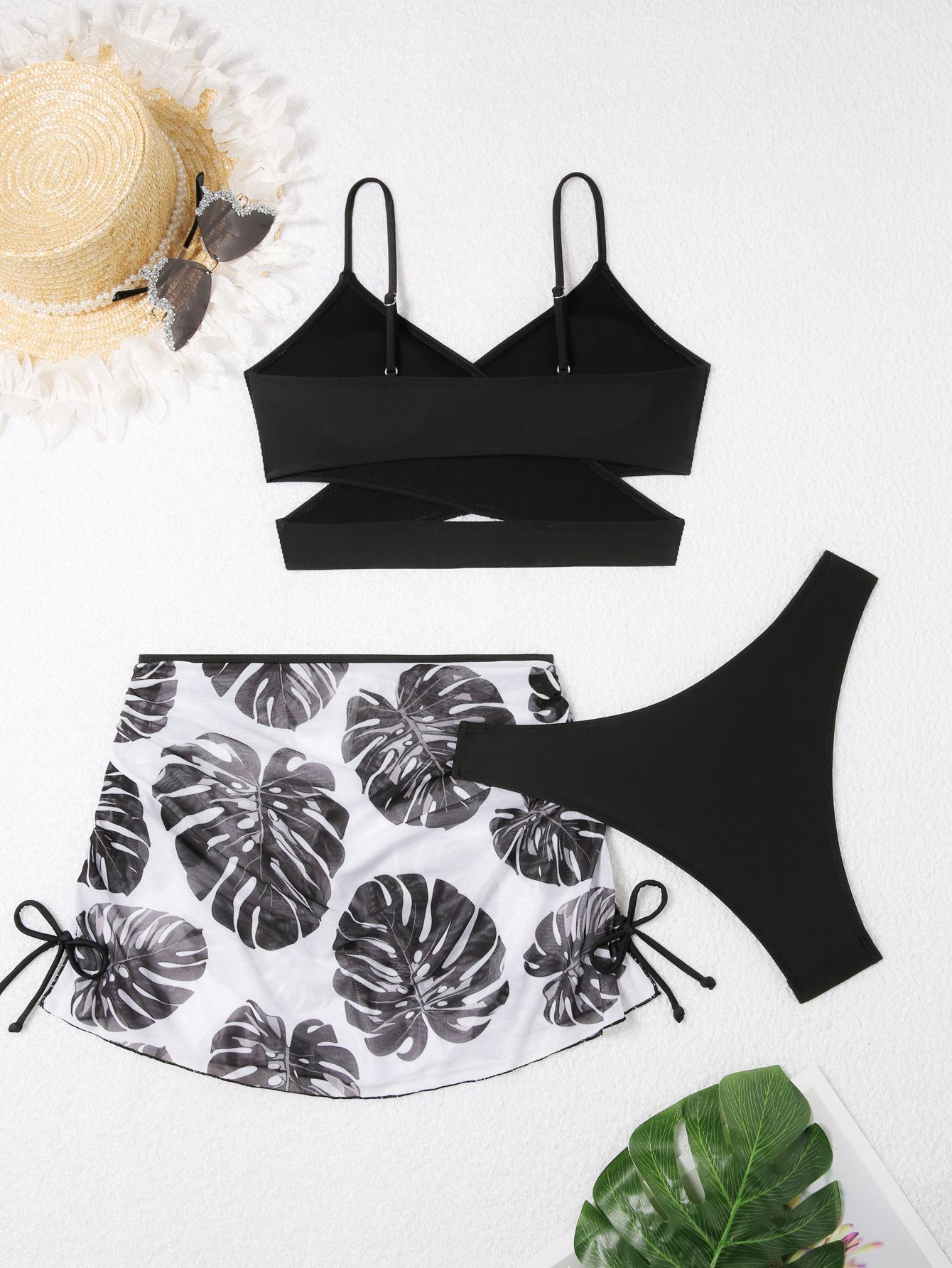 

Европейский/Американский купальник бикини с перекрестными лямками, комплект из 3 предметов: Трансграничная внешняя торговля XS чёрный