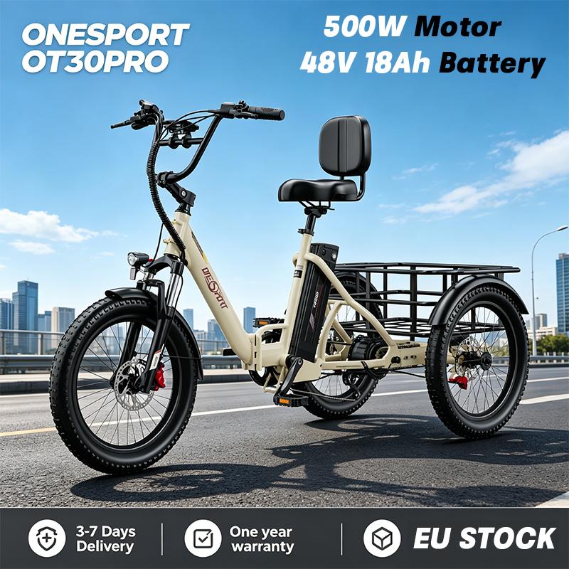 ONESPORT OT30Pro Elektrická tříkolka pro dospělé 500W 48V 18AH Elektrická nákladní tříkolka Pneumatiky 20*3.0" E-Tříkolka Městská E-Nákladní tříkolka
