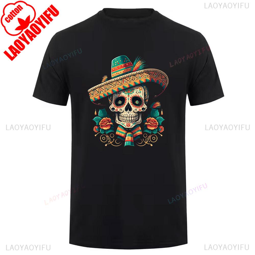 Cotton Summer Short Sleeve Mexican Skull Unisex Tee Round Neck Breathable Vintage Pattern Graphic Shortsleeved Launched Top