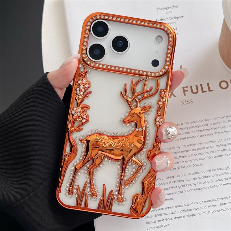 Women Girl's Glitter Diamond Elk Phone Case For iPhone 17 Air 12 13 14 15 16 17 Pro Max Transparent Plating Soft Silicone Cover