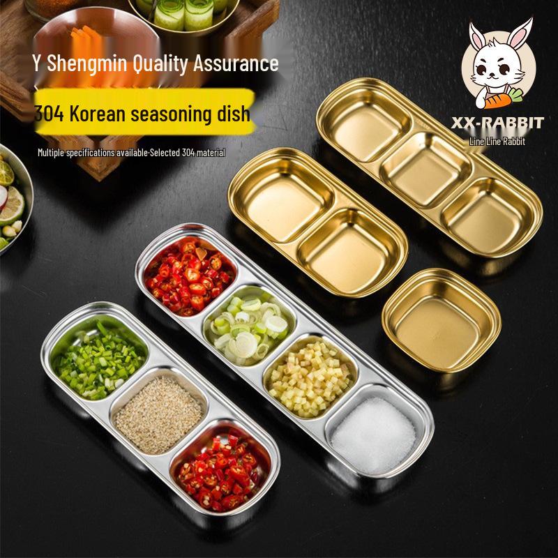 304 Edelstahl Doppel-/Dreifach-Fächer Soßen- & Gewürzschale im koreanischen und japanischen Stil