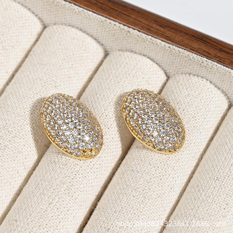 European  American Luxury Gold Copper Zircon Oval Stud Earrings for Women s Daily Commute