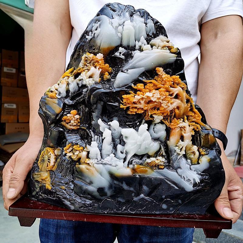 

Imitation Jade Shoushan Stone Carving: Black, Blue, and White Horse Ornament for Office or Living Room