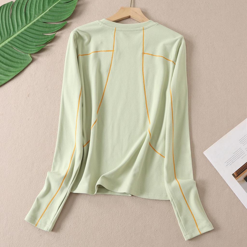 Women's Slim-Fit Color-Block Sports Long-Sleeve T-Shirt: Vibrant Colors, Contrast Stitching, Round Neck, Outdoor Style